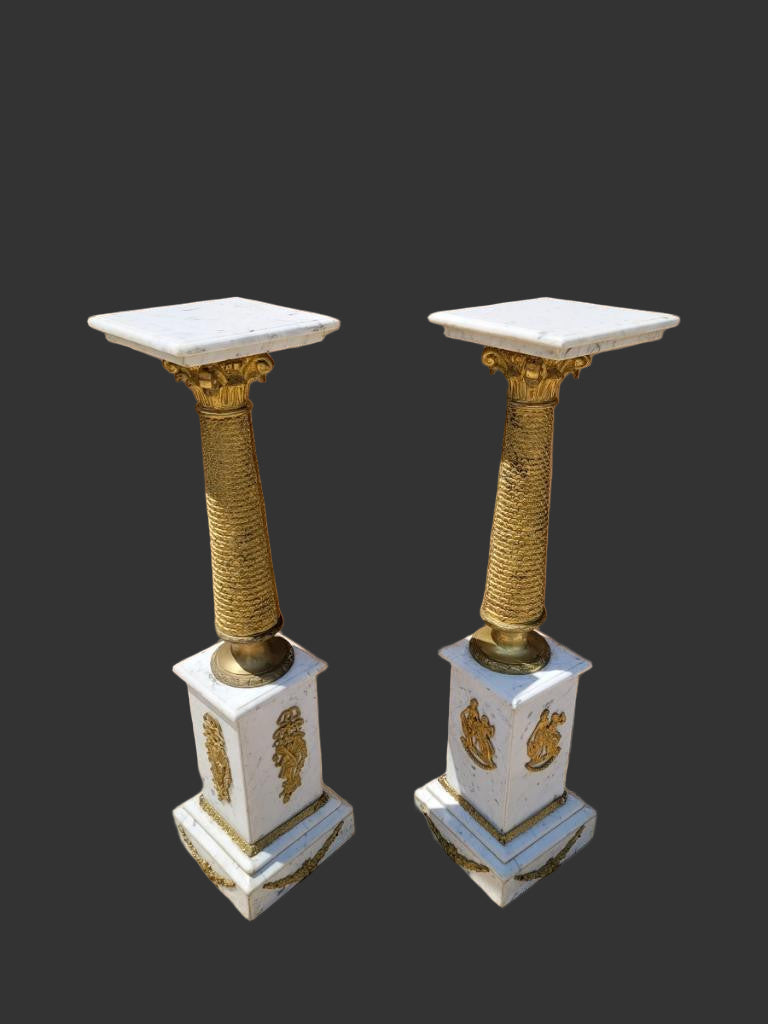 Antique French Empire Ormolu White Carrara Marble Pedestals - Pair