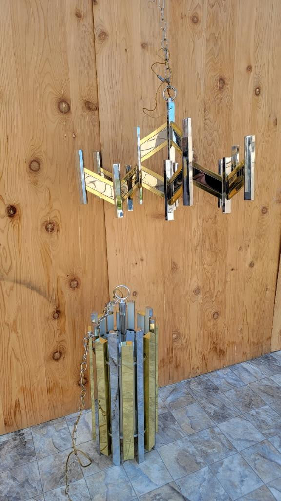 Mid Century Modern Gaetano Sciolari Brass and Chrome Pendant Light