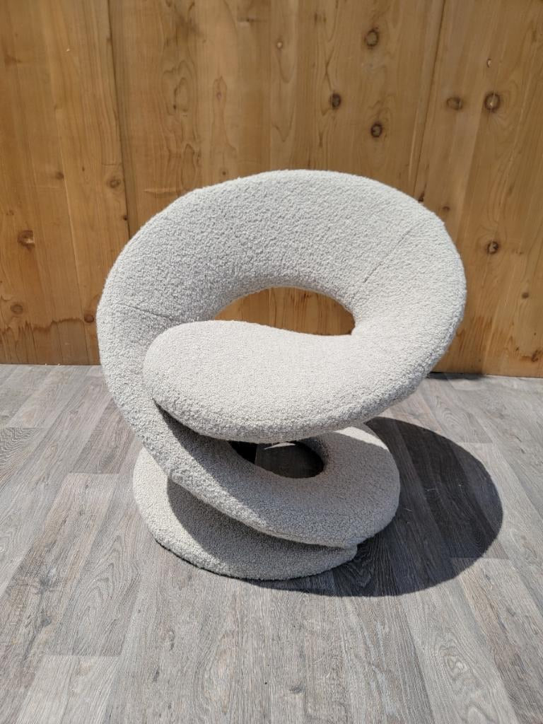 Vintage Postmodern Louis Durot Style Spiral Ribbon Lounge Newly Reupholstered in Boucle