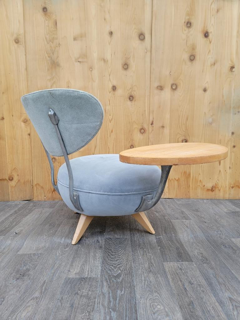 Vintage Retro Modern Galerkin Design Swivel Chair with Attached Side Table Newly Upholstered in Suede