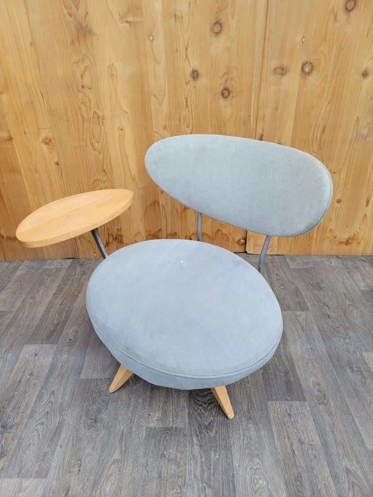 Vintage Retro Modern Galerkin Design Swivel Chair with Attached Side Table Newly Upholstered in Suede