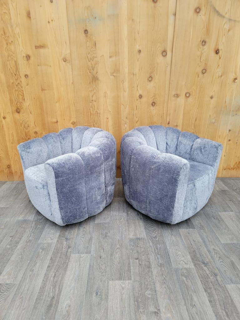 Mid Century Modern Channel-Back Swivel Lounge Chairs Newly Reupholstered in Boucle