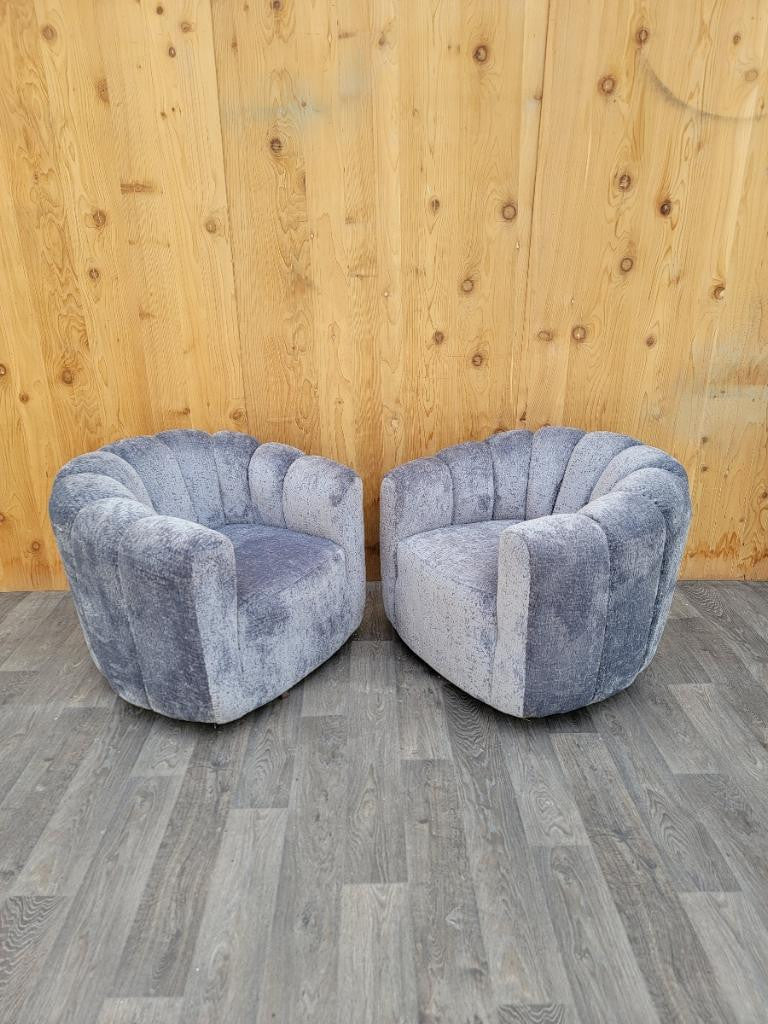 Mid Century Modern Channel-Back Swivel Lounge Chairs Newly Reupholstered in Boucle