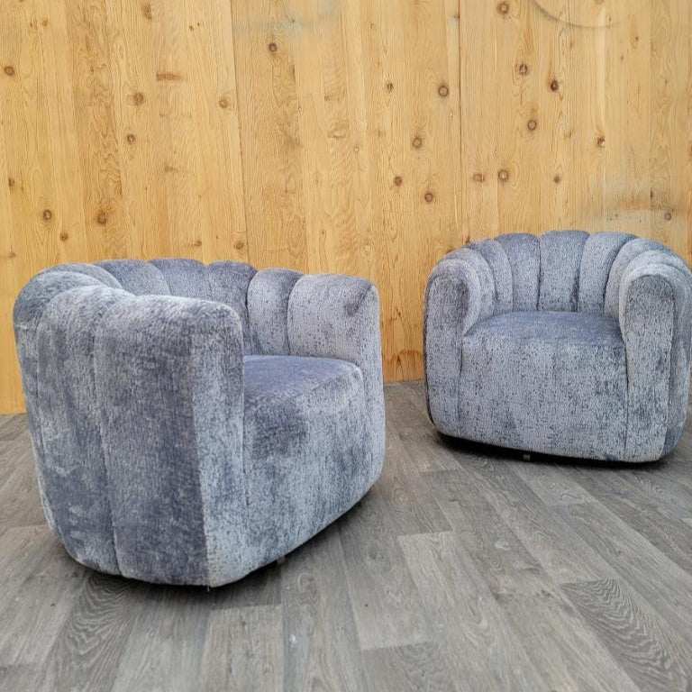 Mid Century Modern Channel-Back Swivel Lounge Chairs Newly Reupholstered in Boucle