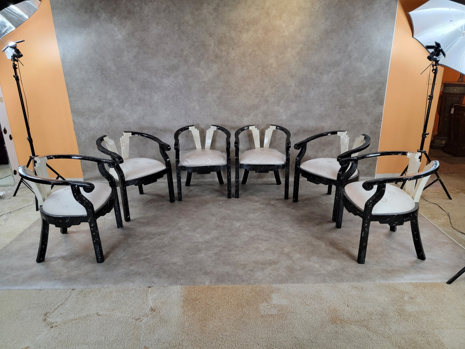 Vintage Postmodern Sculptural Tessellated Stone and Mother of Pearl Inlay Lacquer Chairs - Set of 6