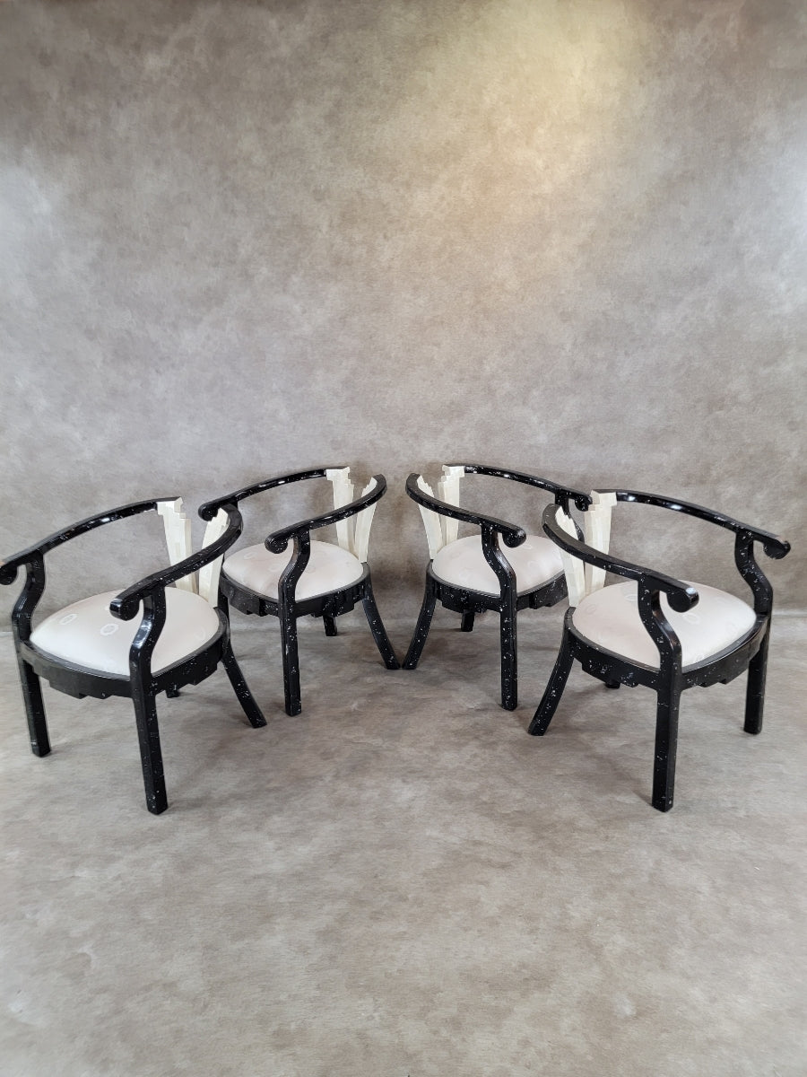 Vintage Postmodern Sculptural Tessellated Stone and Mother of Pearl Inlay Lacquer Chairs - Set of 6