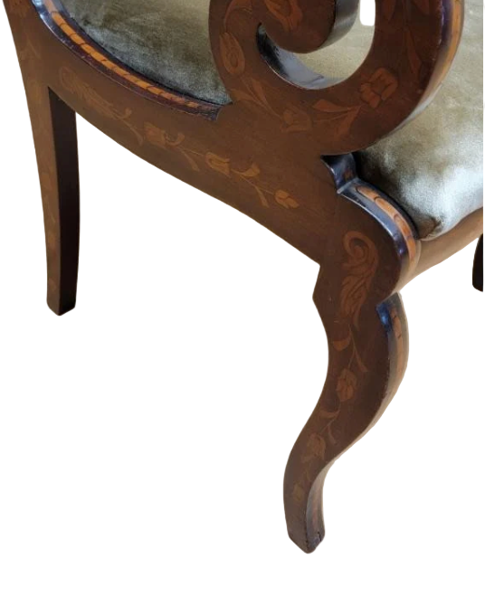 Antique Neoclassical Inlaid Scroll Arm Armchair Desk Chair Newly Reupholstered in Gold Velvet