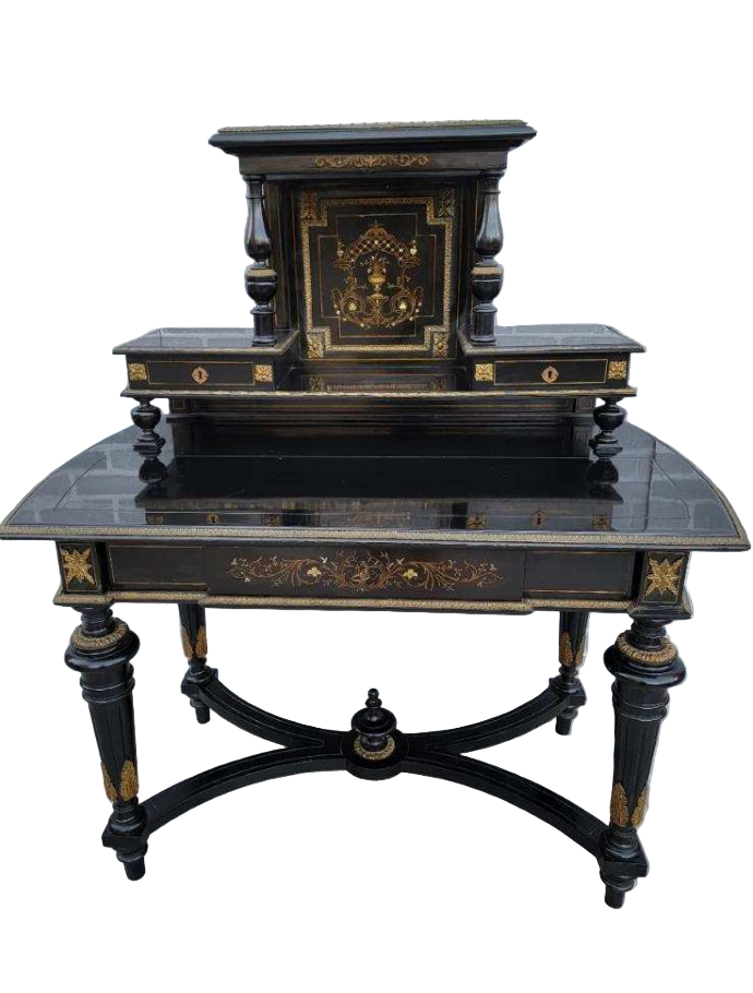 Vintage French Napoleon III Style Ebonized Lacquered Bonheur Du Jour Writing Desk