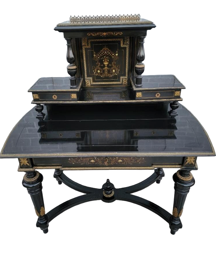 Vintage French Napoleon III Style Ebonized Lacquered Bonheur Du Jour Writing Desk