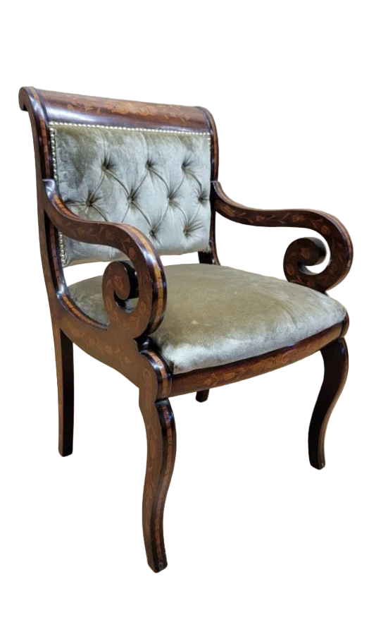Antique Neoclassical Inlaid Scroll Arm Armchair Desk Chair Newly Reupholstered in Gold Velvet