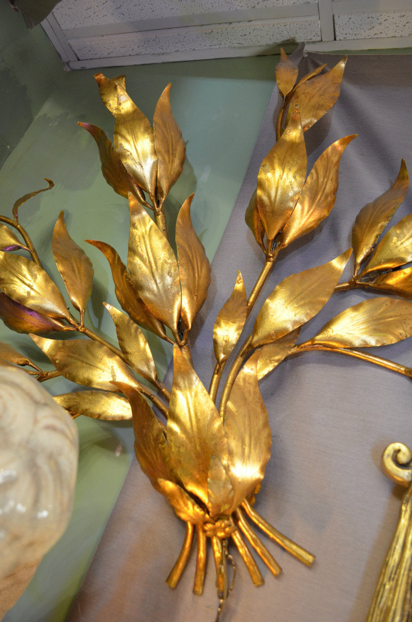 Mid Century Modern Monumental Hans Kogl Gold Gilt Leaf Wall Sconce