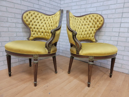 Hollywood Regency Grosfeld House Asymmetrical Tufted Boudoir Chairs Silk - Pair