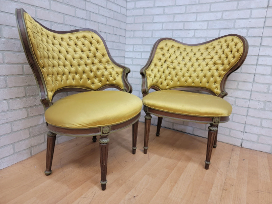 Hollywood Regency Grosfeld House Asymmetrical Tufted Boudoir Chairs Silk - Pair