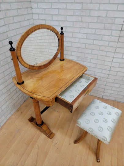 Antique Biedermeier Style Cherrywood Swing Mirror Vanity Table & Stool
