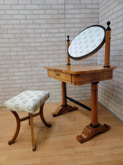 Antique Biedermeier Style Cherrywood Swing Mirror Vanity Table & Stool