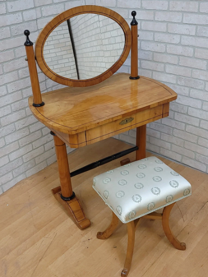Antique Biedermeier Style Cherrywood Swing Mirror Vanity Table & Stool