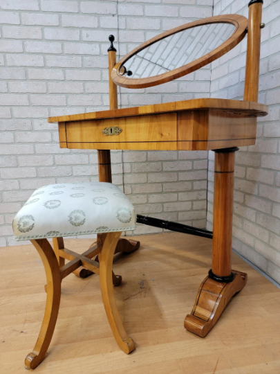 Antique Biedermeier Style Cherrywood Swing Mirror Vanity Table & Stool