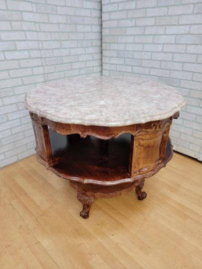 Antique French Victorian Revolving/Rotating Pink Sunburst Marble Top Drum Table
