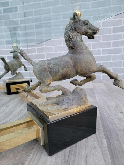 Vintage Maison Charles Designed Sculptural Flying Horse of Gansu Glass Top Cocktail Table