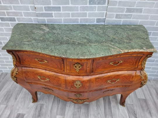Antique French Louis XIV Style Rosewood Tombeau Serpentine Marble Top Commode
