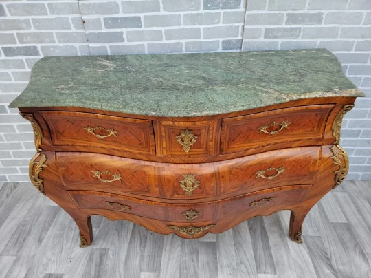 Antique French Louis XIV Style Rosewood Tombeau Serpentine Marble Top Commode