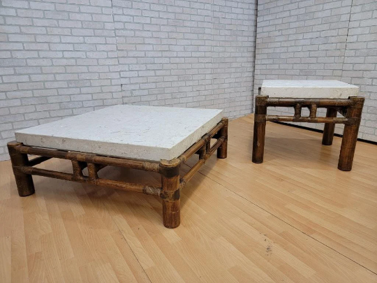 Vintage Budji Layug Style Bamboo and Fossiliferous Stone Slab Top Coffee & Cocktail Tables - Set of 2