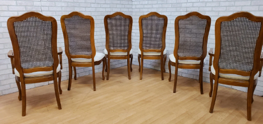 Vintage French Country Thomasville Walnut Cane Back Dining Chairs, Table and Sideboard - 10 Piece Set