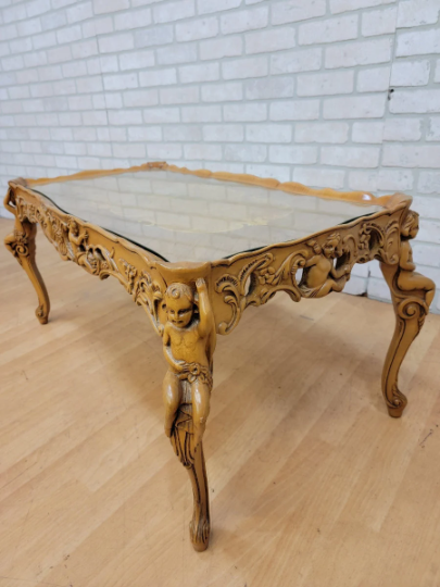 Antique Italian Rococo Inlaid Marquetry Top Hand Carved Figural Cherub Leg Side Tables and Coffee Table - 3 Piece Set