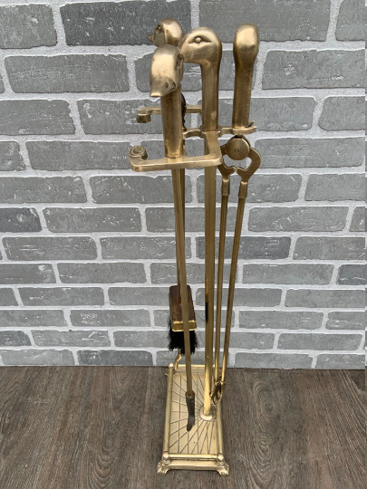 Vintage French Neoclassical Brass Mallard Duck Head Fireplace Tools