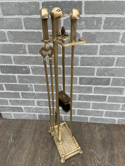 Vintage French Neoclassical Brass Mallard Duck Head Fireplace Tools
