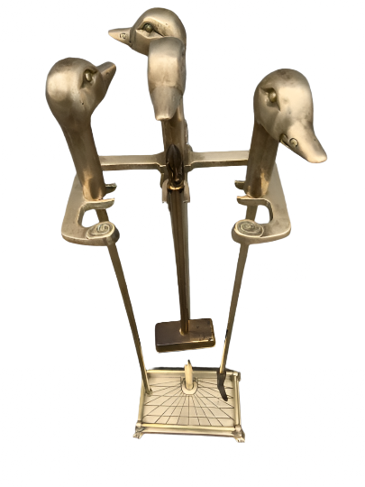 Vintage French Neoclassical Brass Mallard Duck Head Fireplace Tools