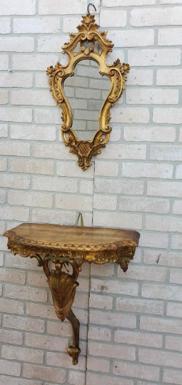 Vintage Italian Baroque Style Ornate Carved Gilded Giltwood Wall Mirror and Wall Shelf