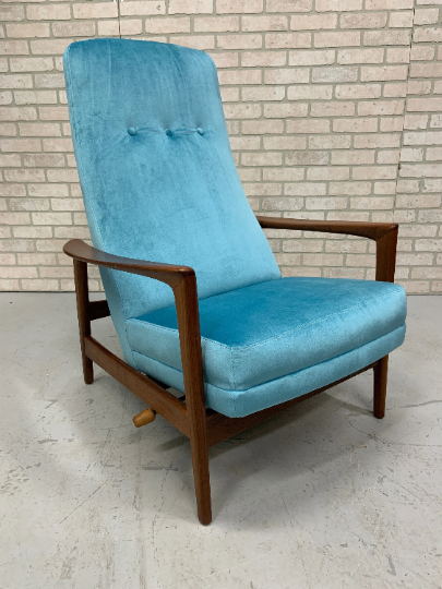 Mid Century Modern Danish Folke Ohlsson Teak Lounge Chair and Ottoman Newly Reupholstered
