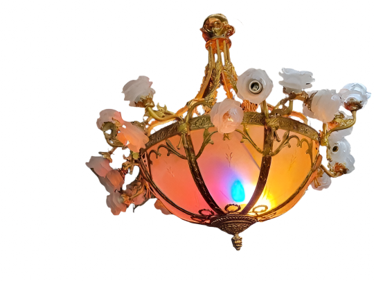 Antique French Belle Louis XIV Style Ornate Brass Etched Frosted Glass Bowl with Frosted Rose Petal Light Shades Chandelier