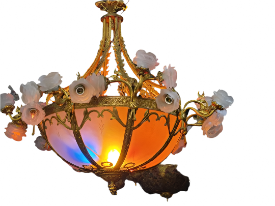 Antique French Belle Louis XIV Style Ornate Brass Etched Frosted Glass Bowl with Frosted Rose Petal Light Shades Chandelier