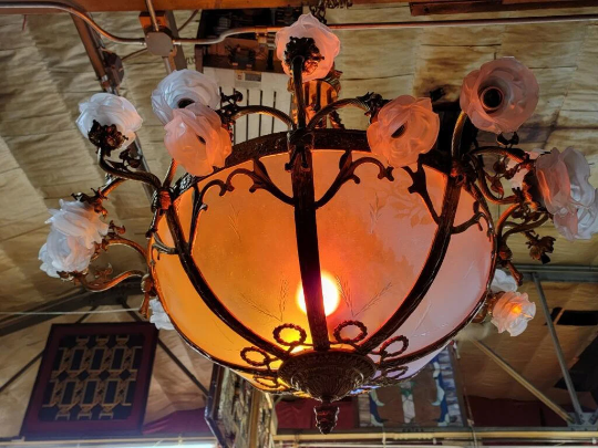 Antique French Belle Louis XIV Style Ornate Brass Etched Frosted Glass Bowl with Frosted Rose Petal Light Shades Chandelier