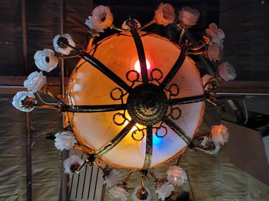 Antique French Belle Louis XIV Style Ornate Brass Etched Frosted Glass Bowl with Frosted Rose Petal Light Shades Chandelier