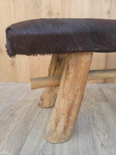 Vintage Black and White Cowhide Bench with Wooden Legs
