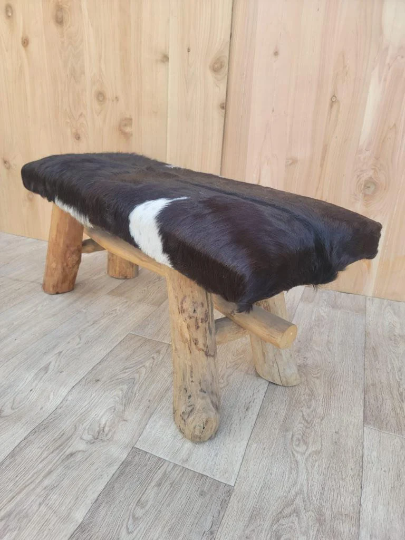Vintage Black and White Cowhide Bench with Wooden Legs