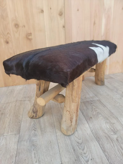 Vintage Black and White Cowhide Bench with Wooden Legs