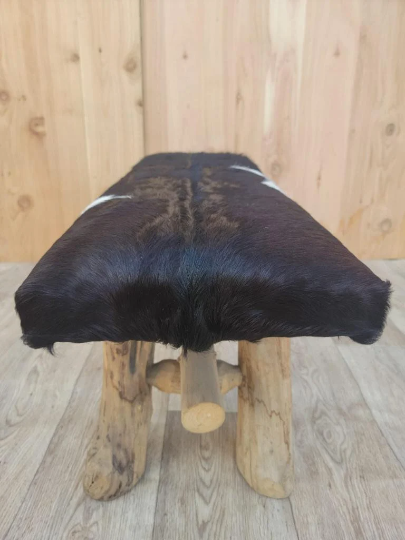 Vintage Black and White Cowhide Bench with Wooden Legs