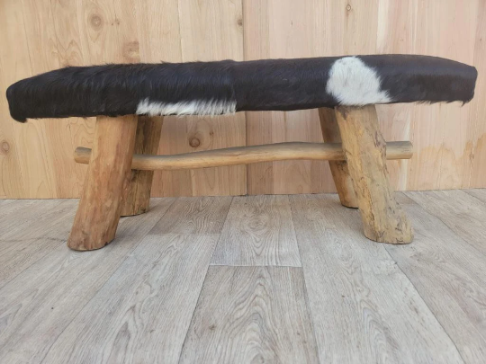 Vintage Black and White Cowhide Bench with Wooden Legs