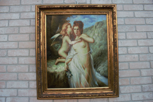 Antique French Neoclassical Style Painting Style of "The Secret of Love" by Adolphe Jourdan in a Carved Ornate Gold Frame