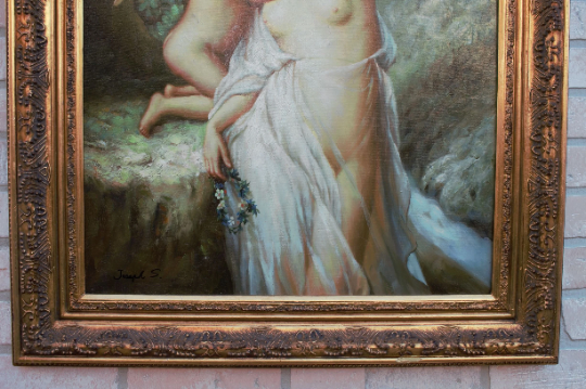 Antique French Neoclassical Style Painting Style of "The Secret of Love" by Adolphe Jourdan in a Carved Ornate Gold Frame