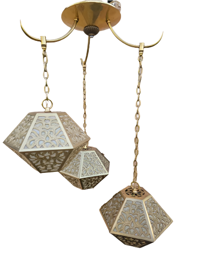 Vintage Asian Pierced Brass Trio of Multi Tiered Ceiling Pendant Chandelier Light