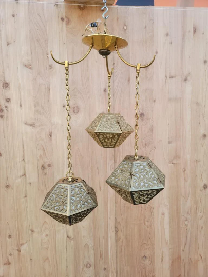 Vintage Asian Pierced Brass Trio of Multi Tiered Ceiling Pendant Chandelier Light