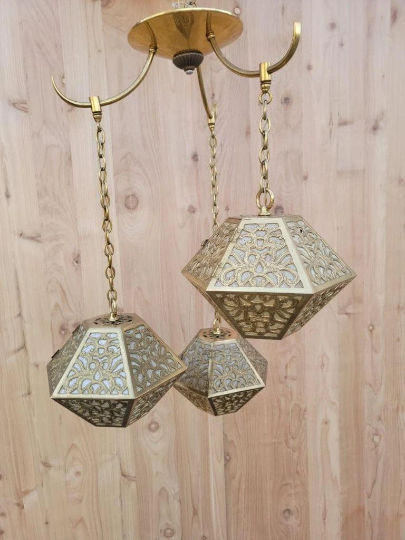 Vintage Asian Pierced Brass Trio of Multi Tiered Ceiling Pendant Chandelier Light