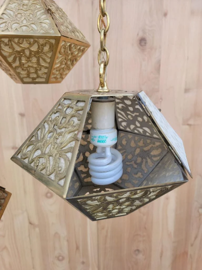 Vintage Asian Pierced Brass Trio of Multi Tiered Ceiling Pendant Chandelier Light