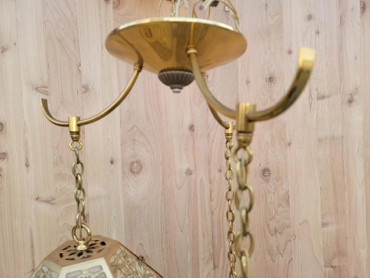 Vintage Asian Pierced Brass Trio of Multi Tiered Ceiling Pendant Chandelier Light