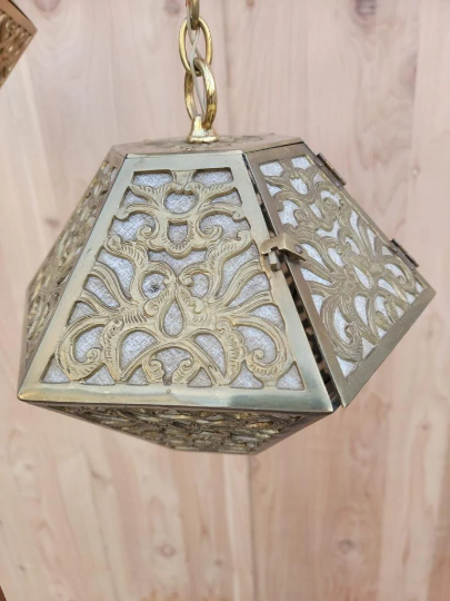 Vintage Asian Pierced Brass Trio of Multi Tiered Ceiling Pendant Chandelier Light
